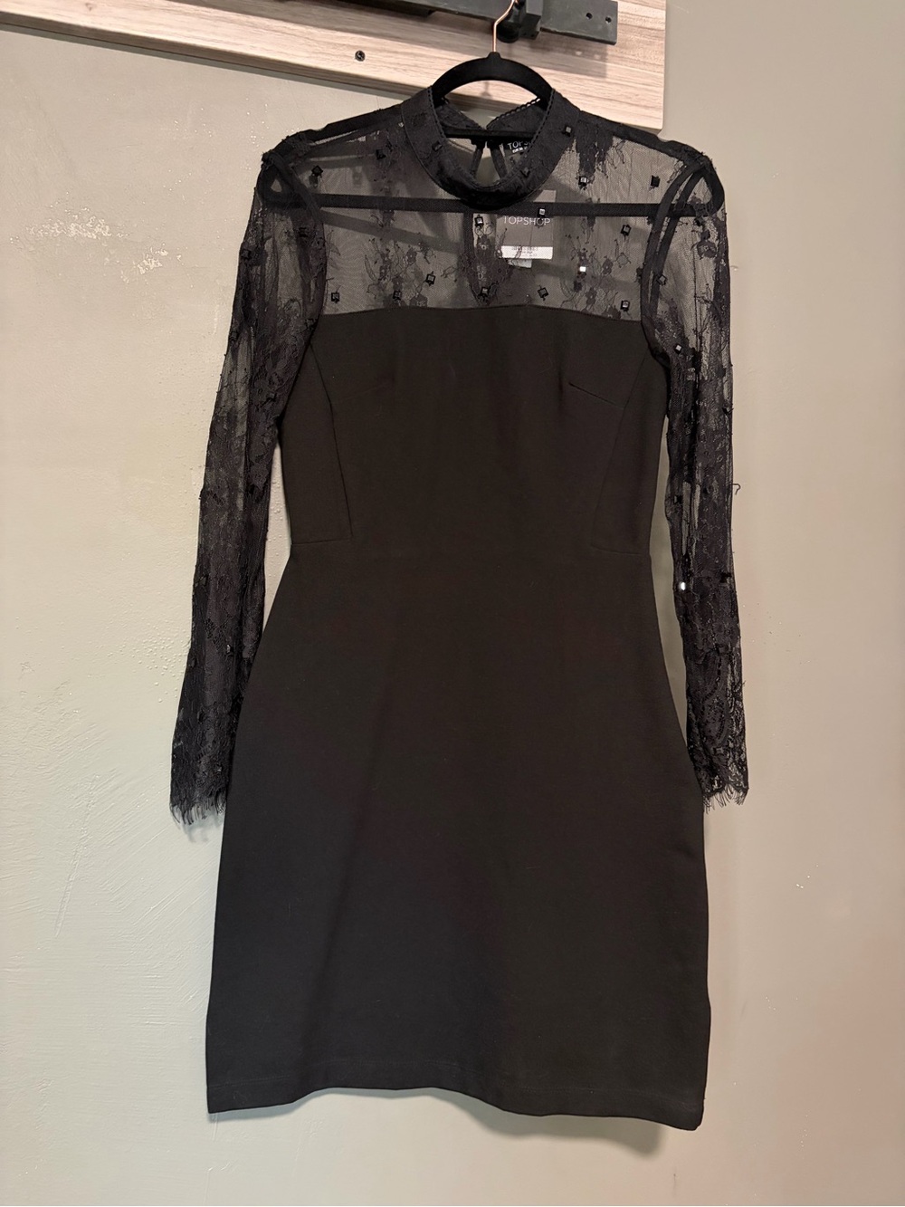Topshop Black Lace Embellished Long Sleeve Mini Dress US 6 NWT